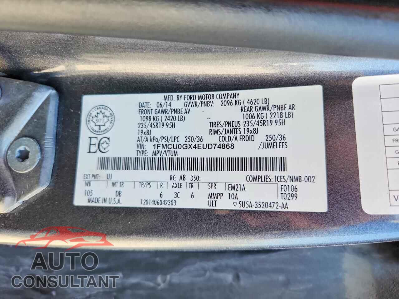 FORD ESCAPE 2014 - 1FMCU0GX4EUD74868