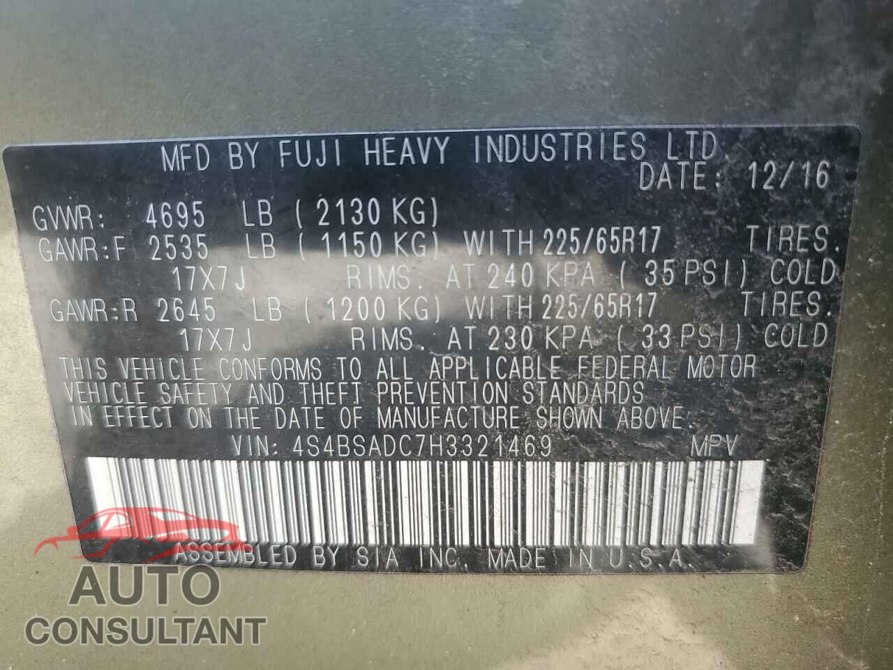 SUBARU OUTBACK 2017 - 4S4BSADC7H3321469