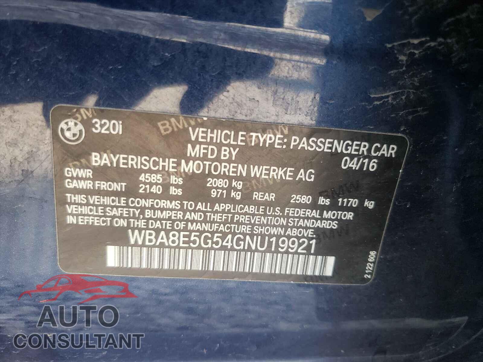 BMW 3 SERIES 2016 - WBA8E5G54GNU19921