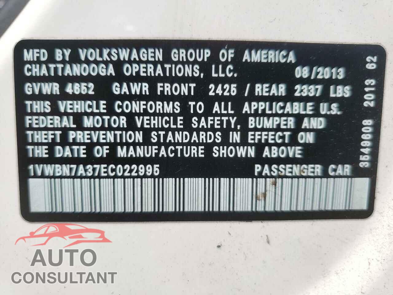 VOLKSWAGEN PASSAT 2014 - 1VWBN7A37EC022995