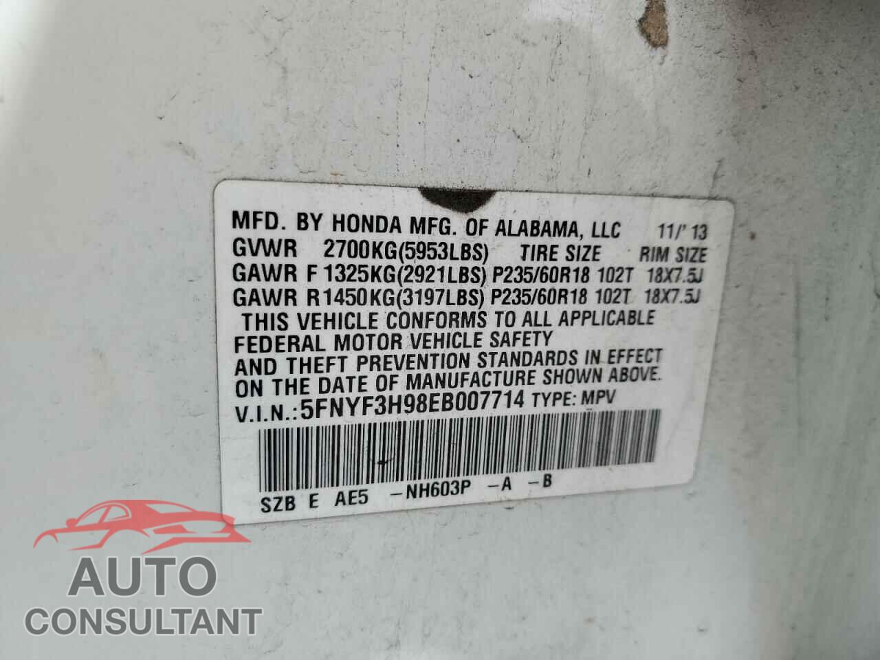 HONDA PILOT 2014 - 5FNYF3H98EB007714
