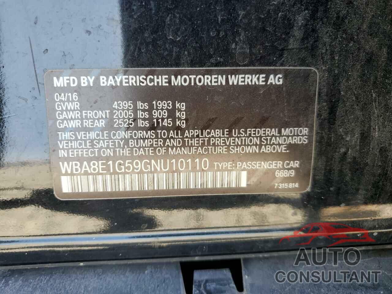 BMW 3 SERIES 2016 - WBA8E1G59GNU10110