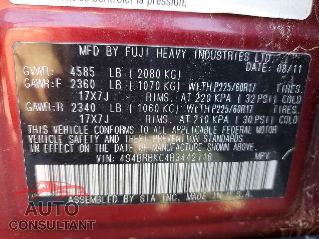 SUBARU OUTBACK 2011 - 4S4BRBKC4B3442116