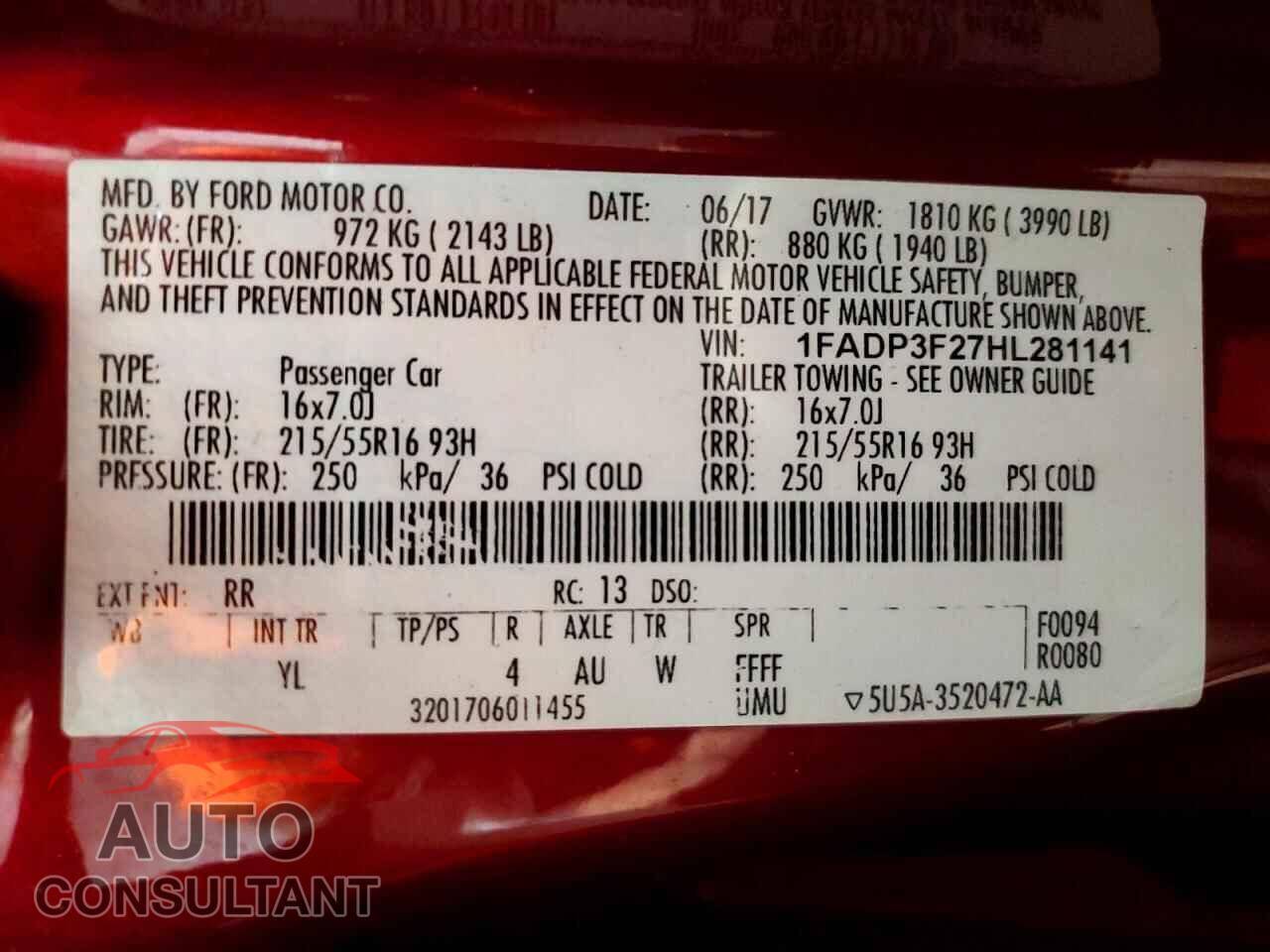 FORD FOCUS 2017 - 1FADP3F27HL281141