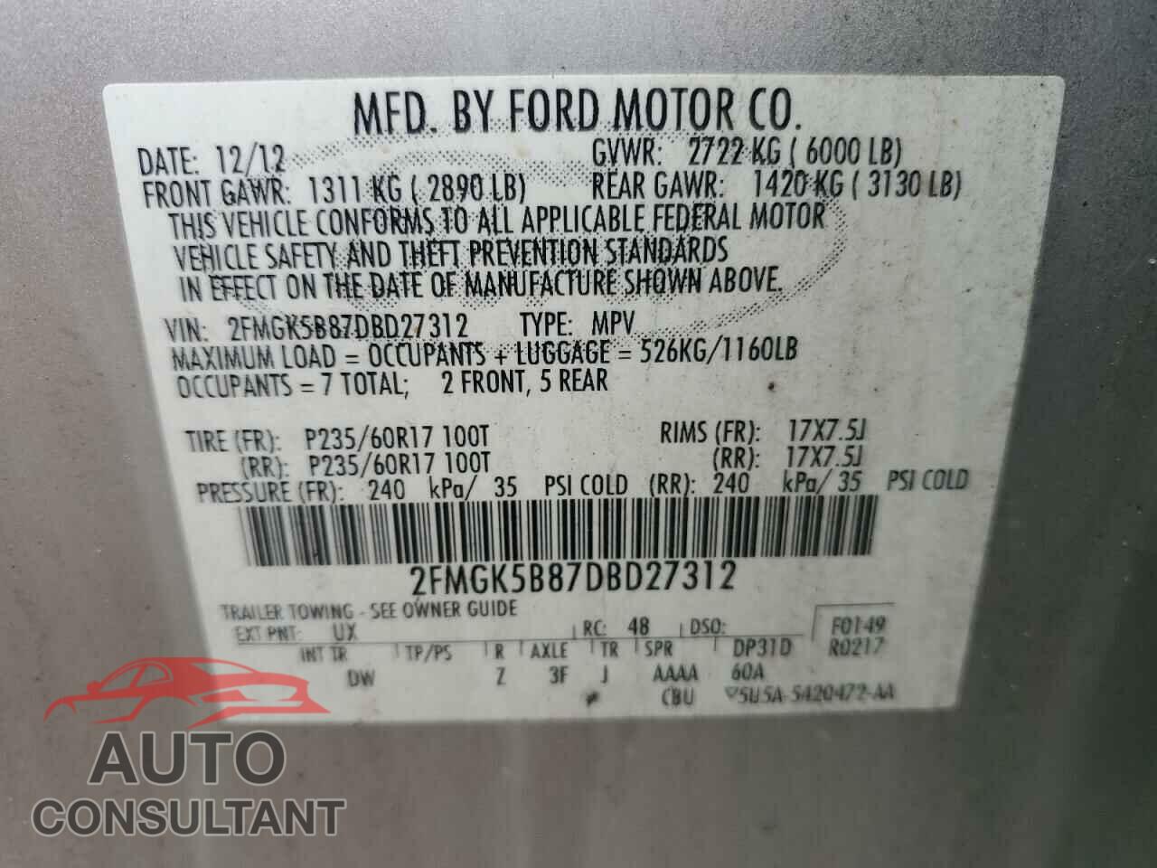 FORD FLEX 2013 - 2FMGK5B87DBD27312