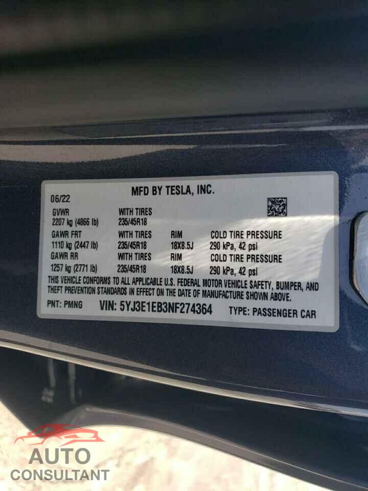 TESLA MODEL 3 2022 - 5YJ3E1EB3NF274364