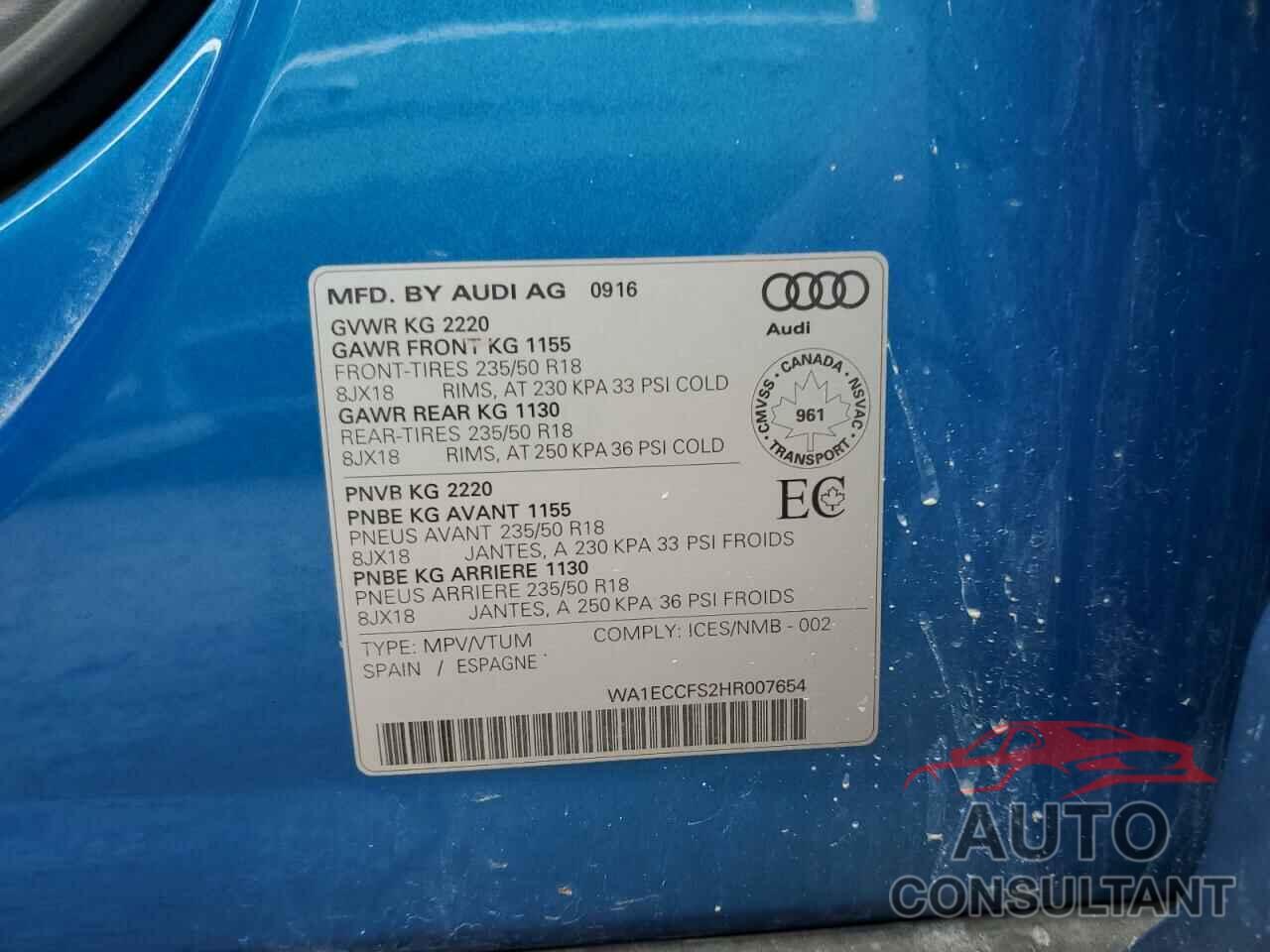 AUDI Q3 2017 - WA1ECCFS2HR007654