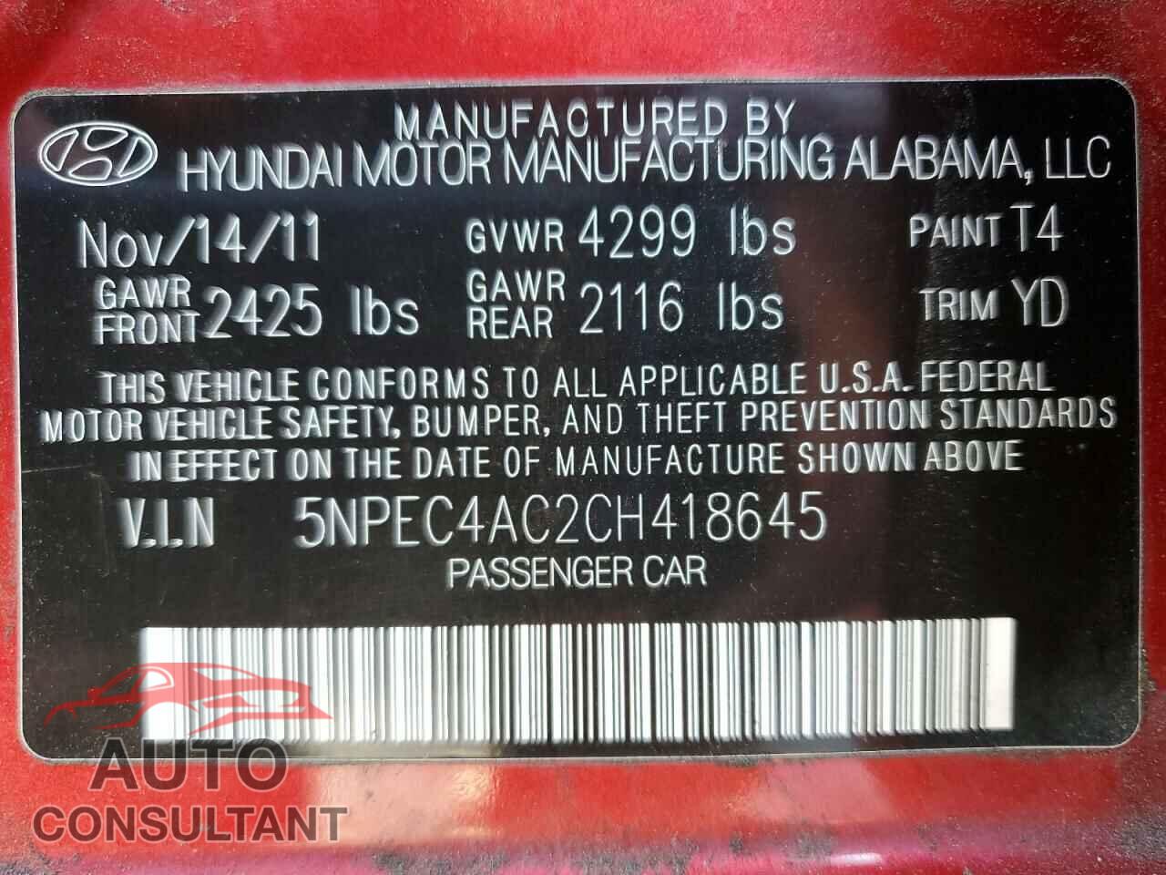 HYUNDAI SONATA 2012 - 5NPEC4AC2CH418645