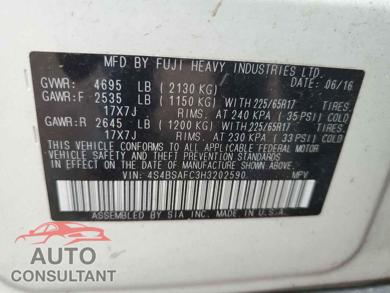 SUBARU OUTBACK 2017 - 4S4BSAFC3H3202590