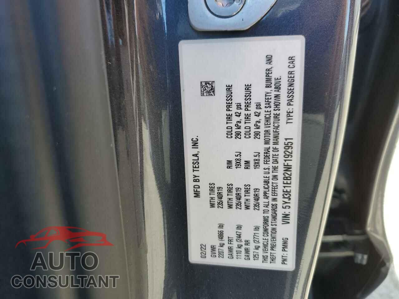 TESLA MODEL 3 2022 - 5YJ3E1EB2NF192951