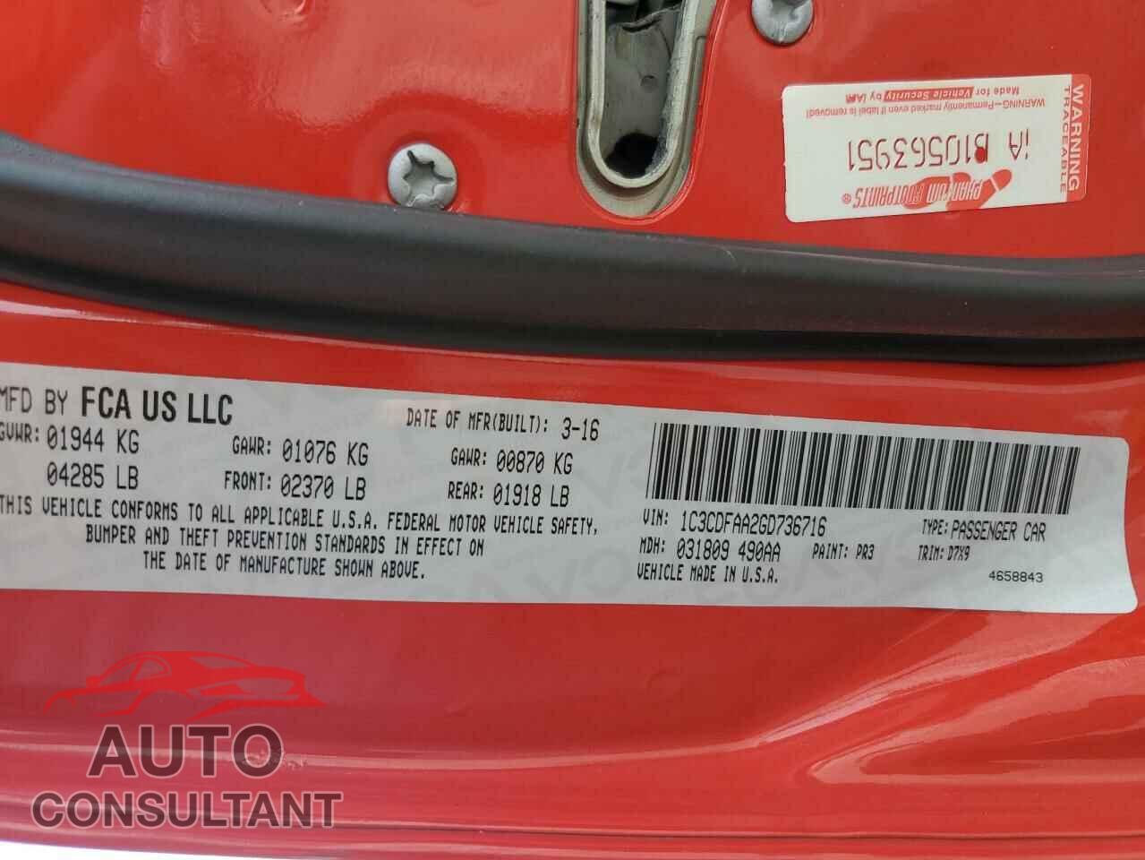 DODGE DART 2016 - 1C3CDFAA2GD736716