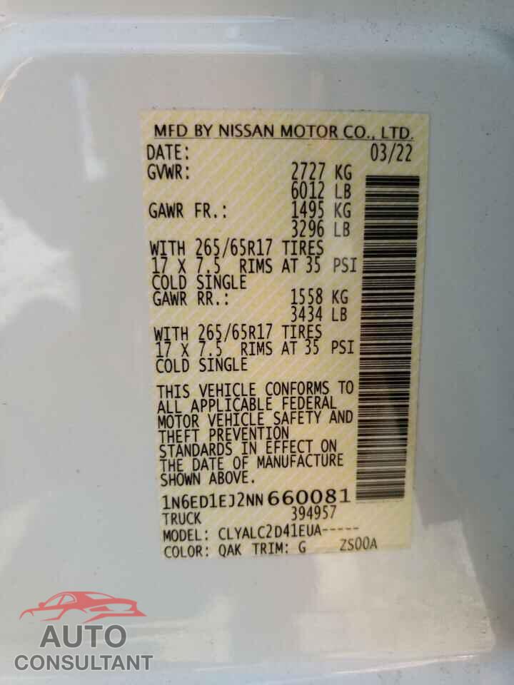 NISSAN FRONTIER 2022 - 1N6ED1EJ2NN660081