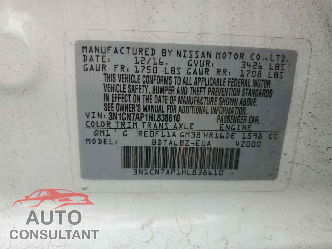 NISSAN VERSA 2017 - 3N1CN7AP1HL838610