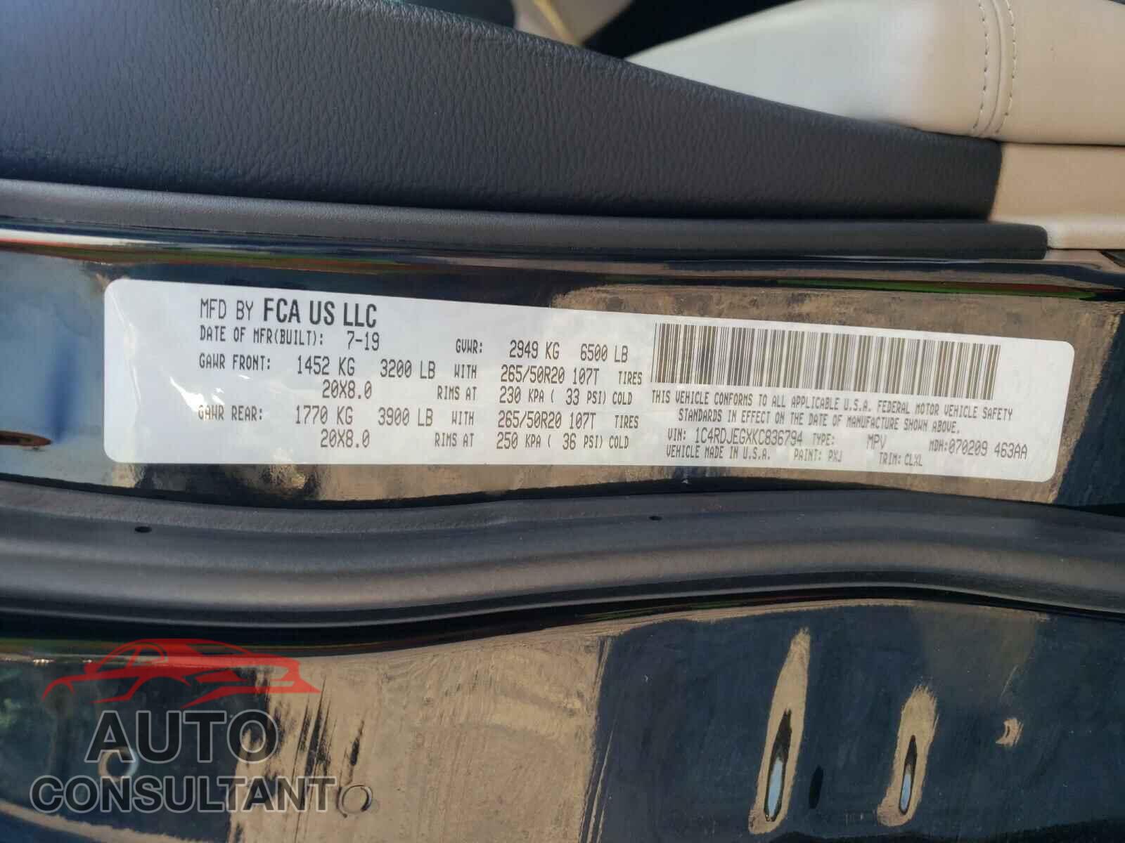 DODGE DURANGO 2019 - 1C4RDJEGXKC836794