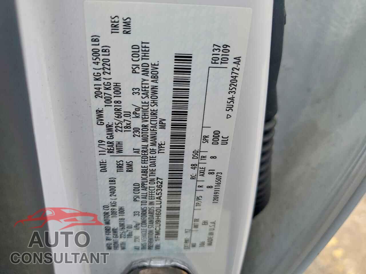 FORD ESCAPE 2020 - 1FMCU9H60LUA53627