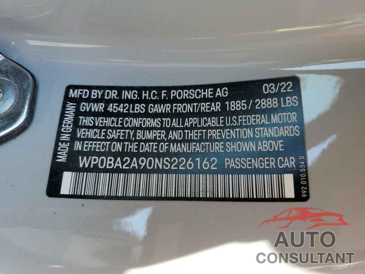 PORSCHE 911 2022 - WP0BA2A90NS226162