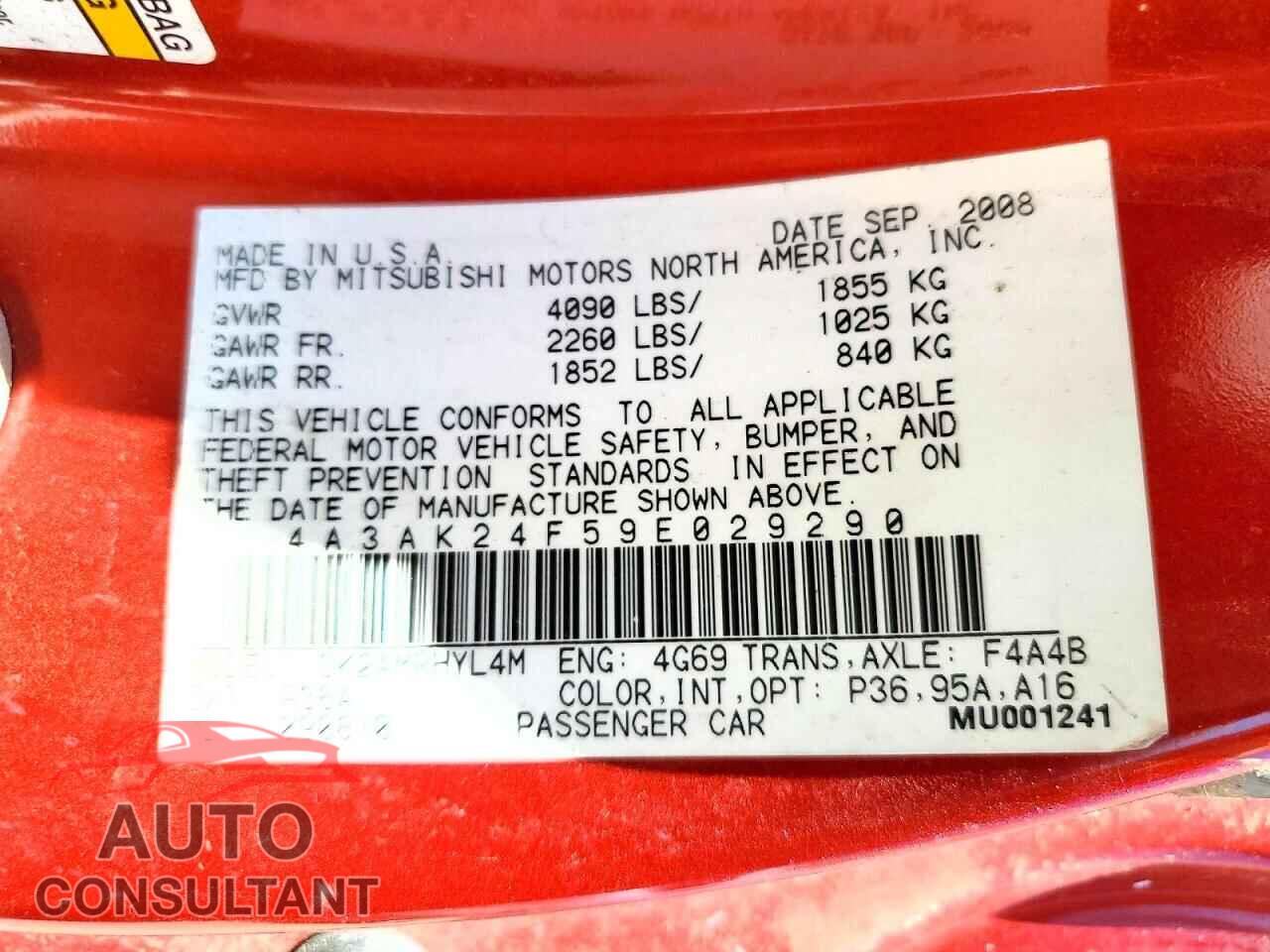 MITSUBISHI ECLIPSE 2009 - 4A3AK24F59E029290