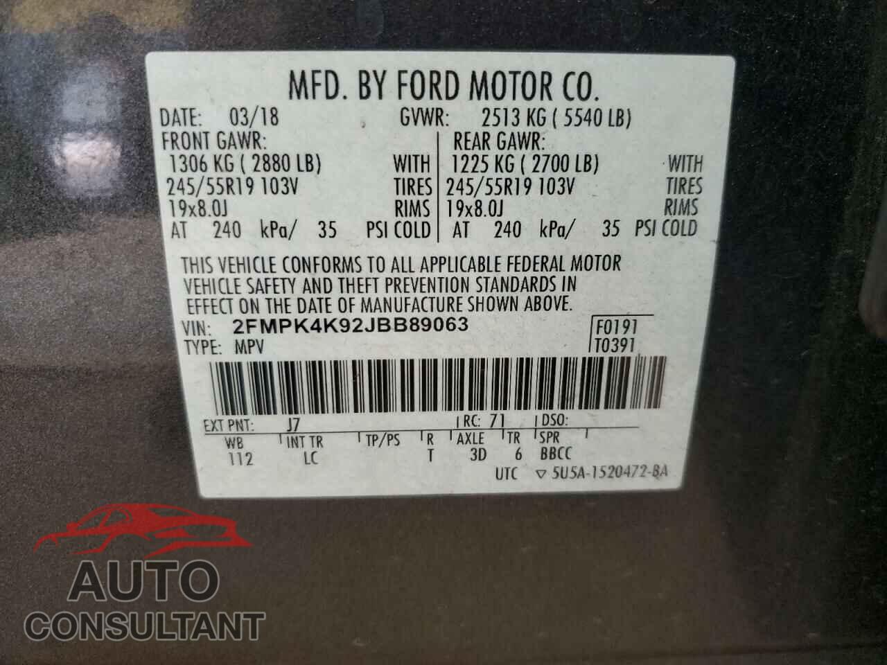 FORD EDGE 2018 - 2FMPK4K92JBB89063