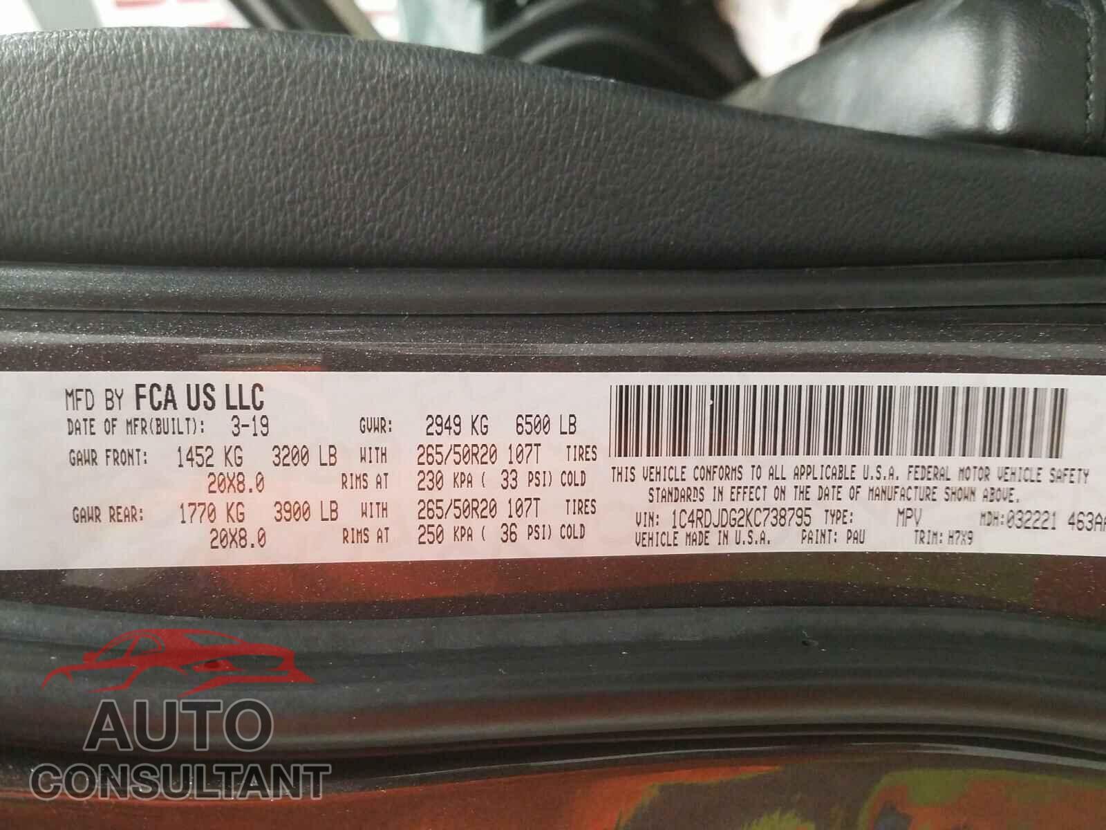DODGE DURANGO 2019 - 1C4RDJDG2KC738795