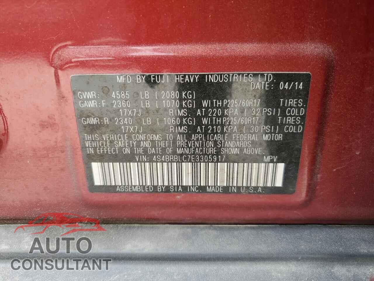 SUBARU OUTBACK 2014 - 4S4BRBLC7E3305917