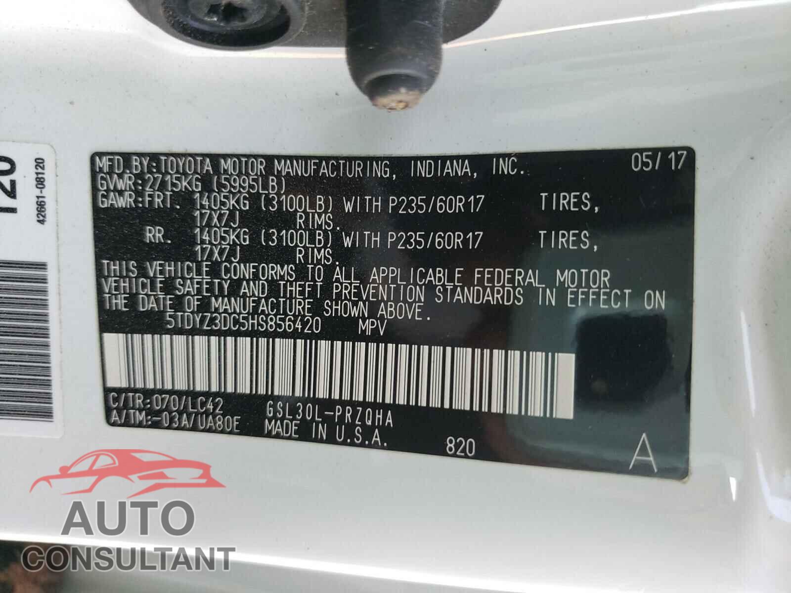 TOYOTA SIENNA 2017 - 5TDYZ3DC5HS856420