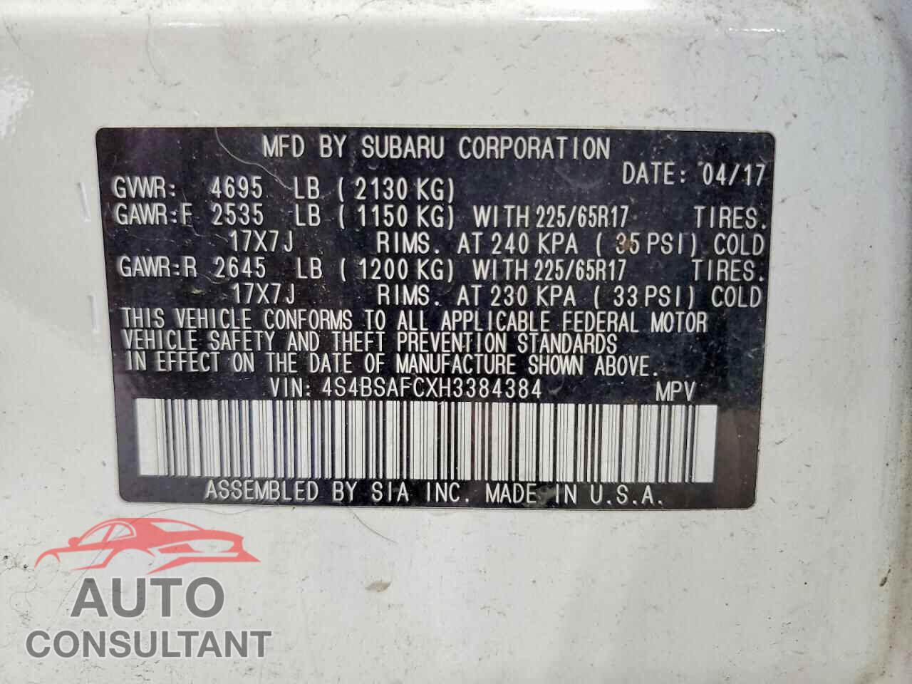 SUBARU OUTBACK 2017 - 4S4BSAFCXH3384384
