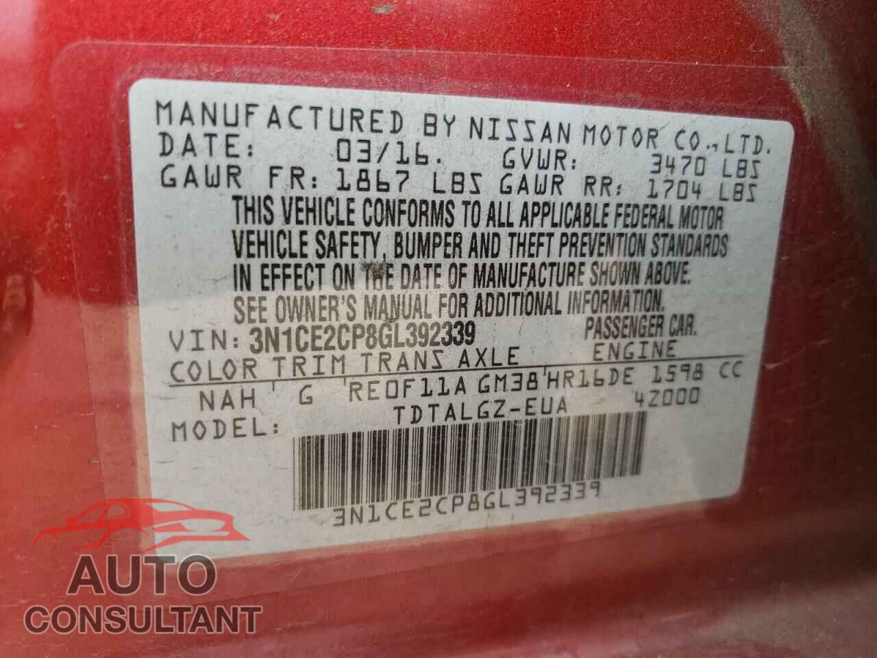 NISSAN VERSA 2016 - 3N1CE2CP8GL392339