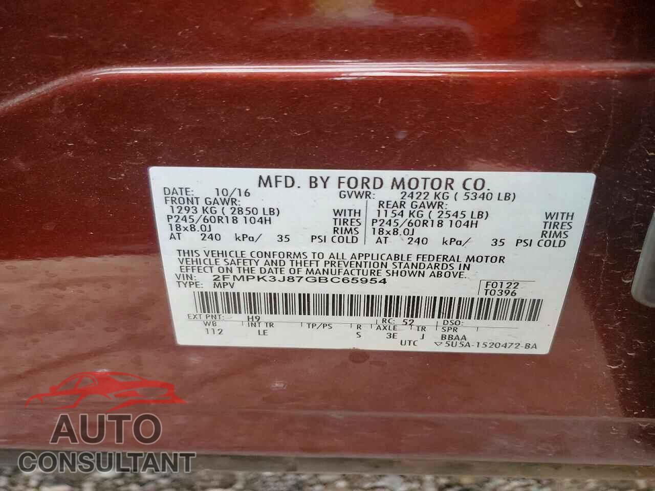 FORD EDGE 2016 - 2FMPK3J87GBC65954
