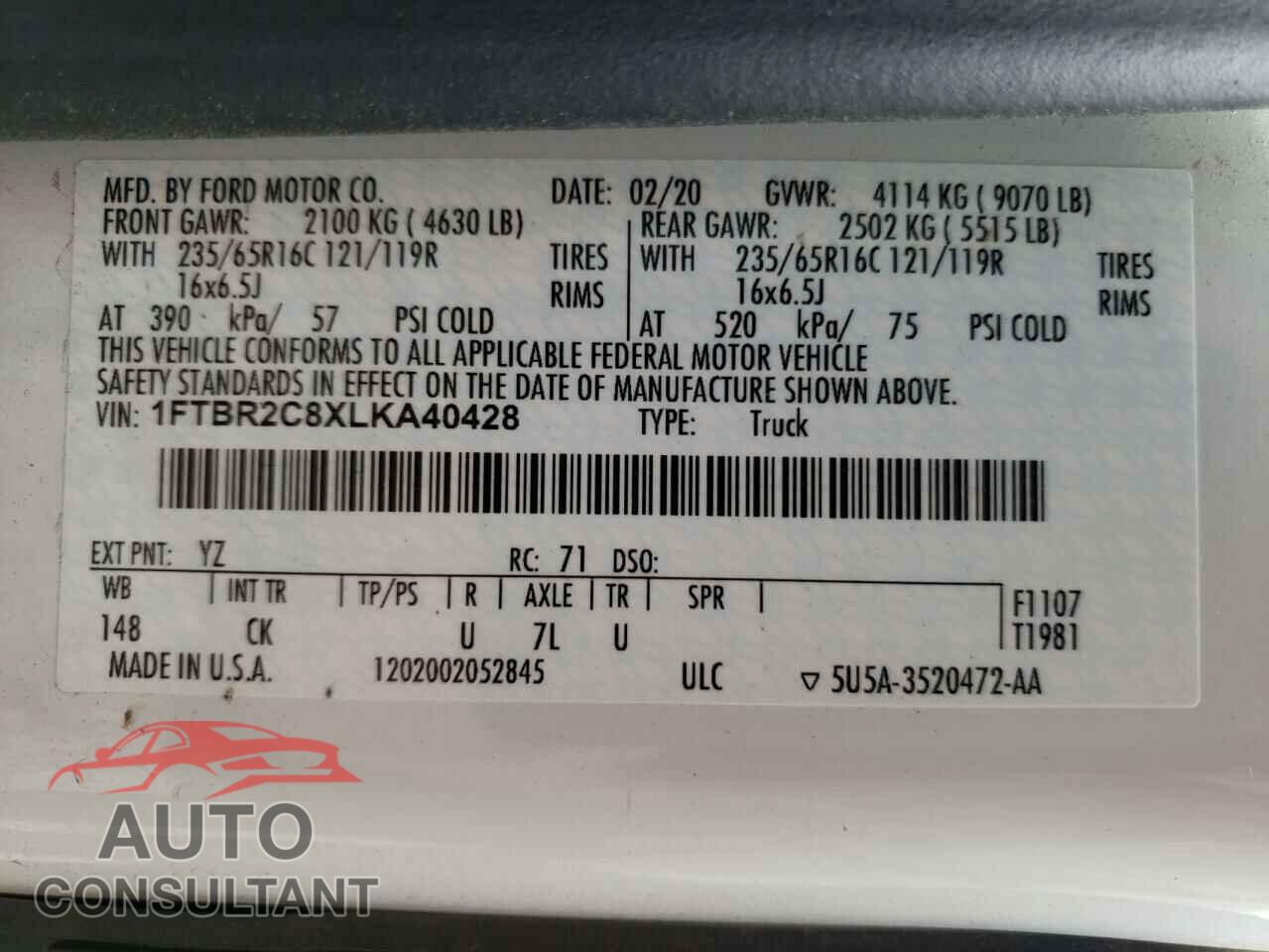 FORD TRANSIT CO 2020 - 1FTBR2C8XLKA40428