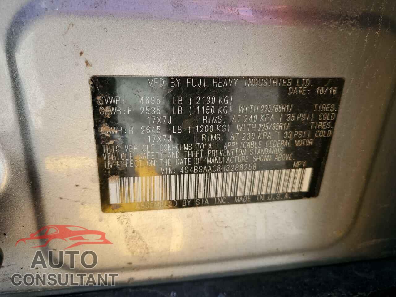 SUBARU OUTBACK 2017 - 4S4BSAAC8H3288258
