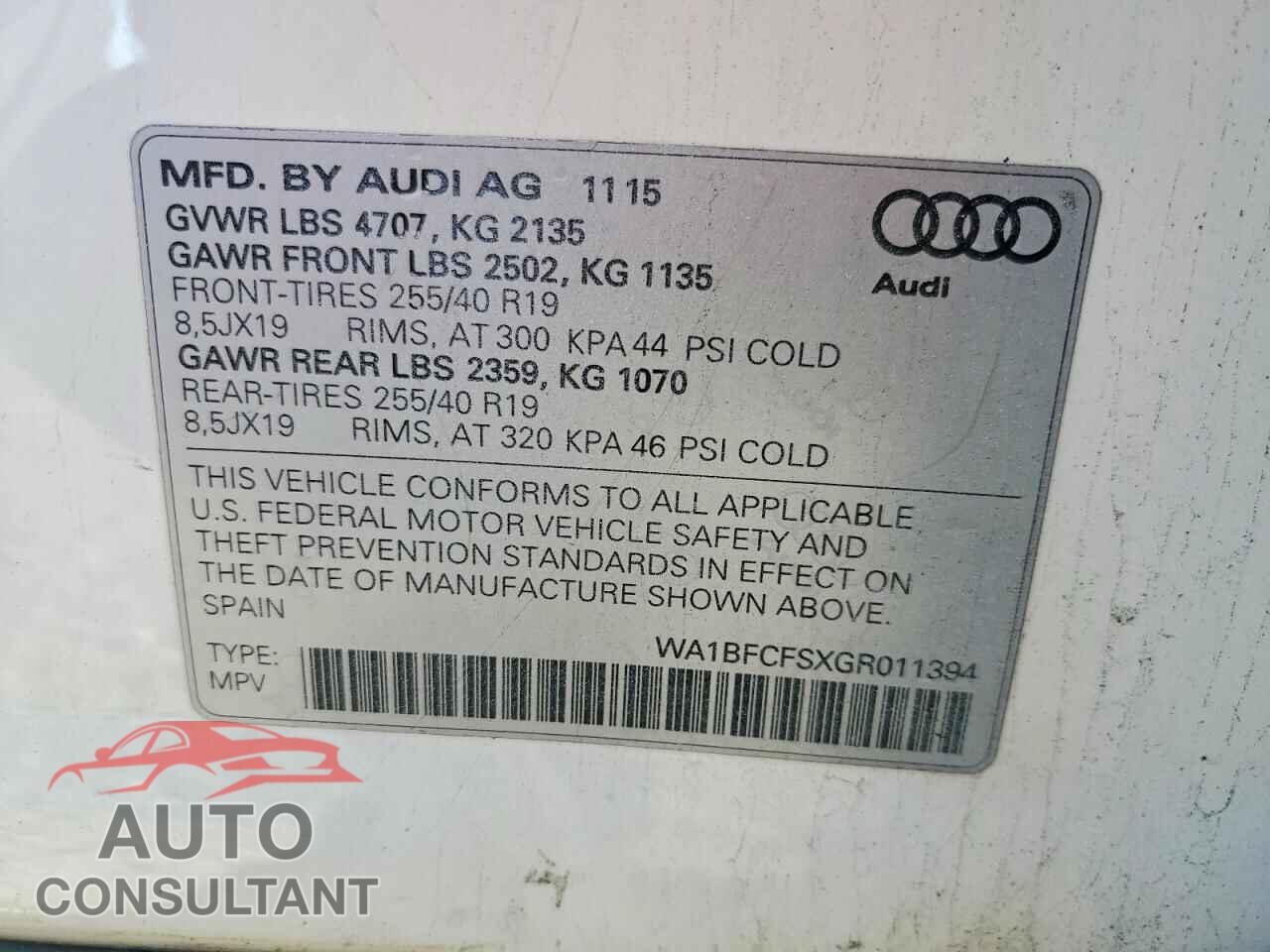 AUDI Q3 2016 - WA1BFCFSXGR011394