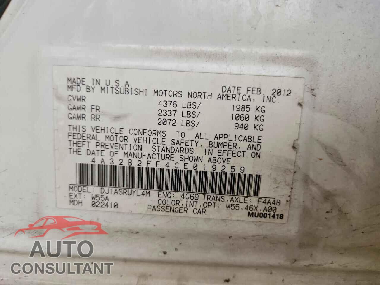 MITSUBISHI GALANT 2012 - 4A32B2FF4CE019259