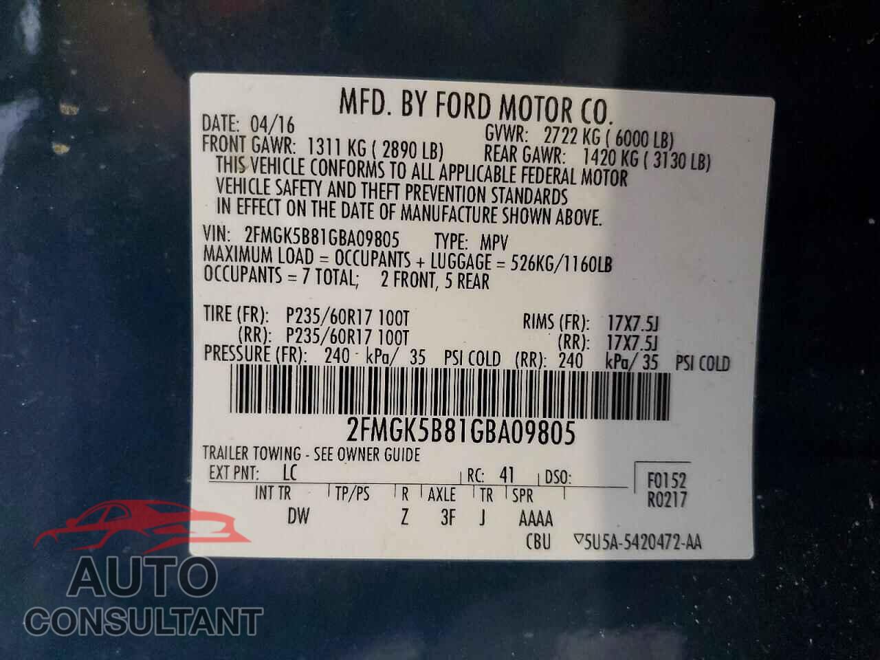 FORD FLEX 2016 - 2FMGK5B81GBA09805