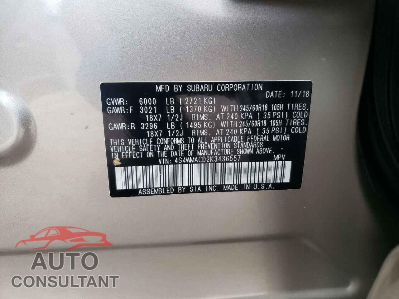SUBARU ASCENT 2019 - 4S4WMACD2K3436557