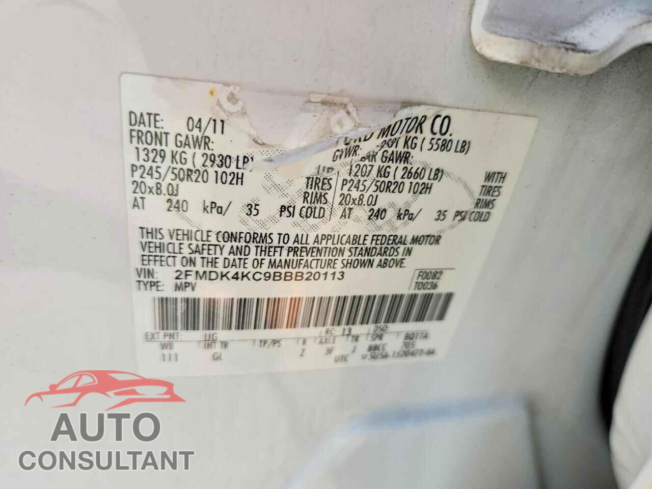 FORD EDGE 2011 - 2FMDK4KC9BBB20113
