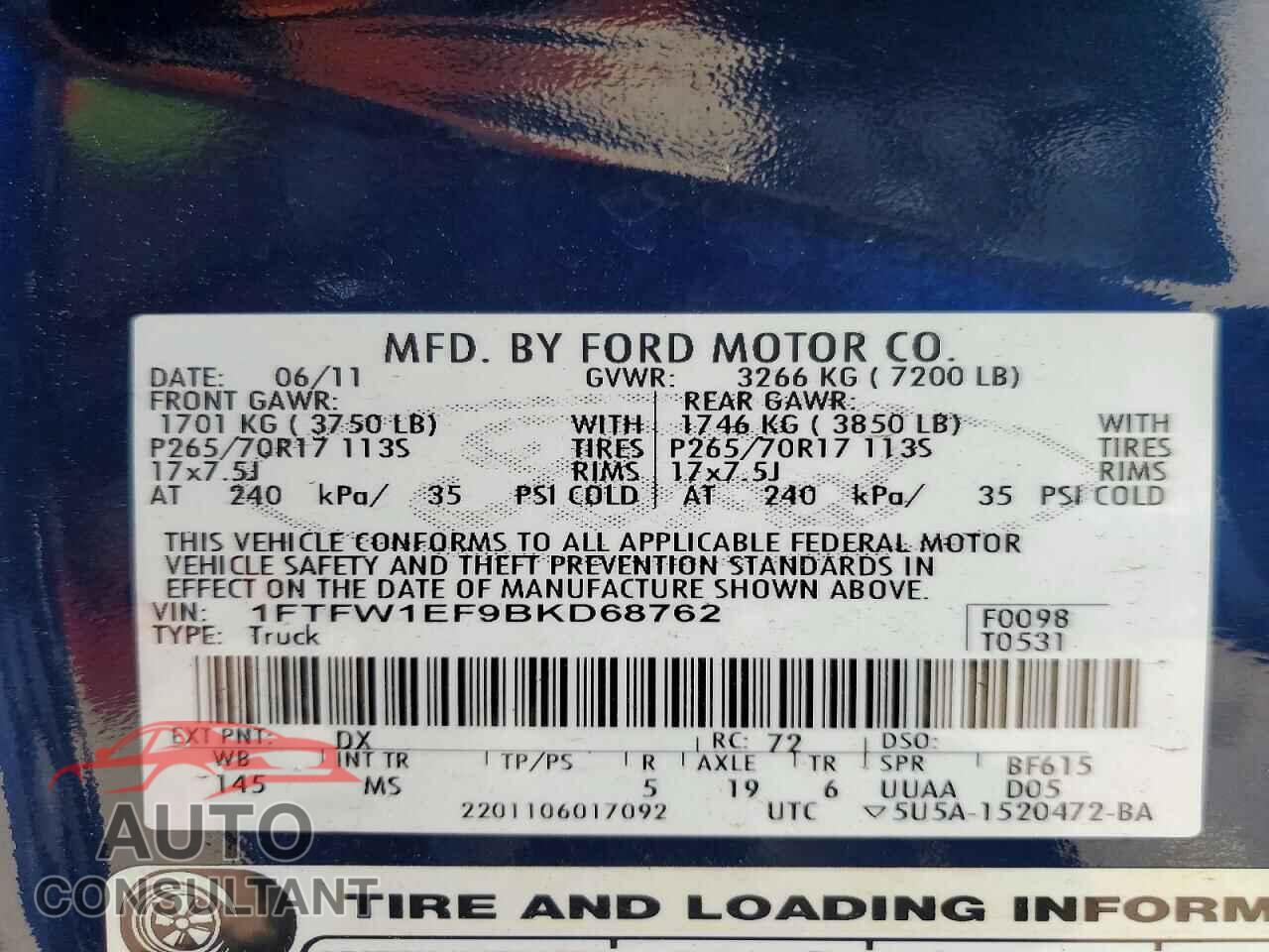 FORD F150 2011 - 1FTFW1EF9BKD68762