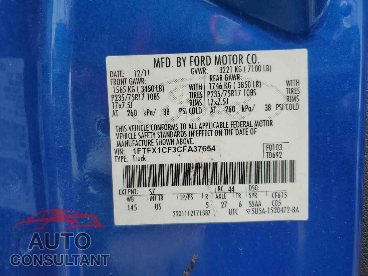 FORD F-150 2012 - 1FTFX1CF3CFA37654
