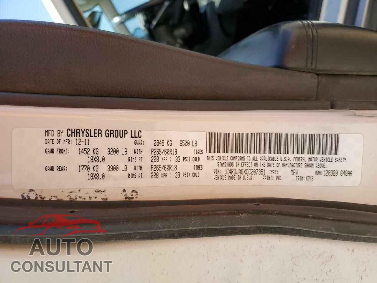 DODGE DURANGO 2012 - 1C4RDJAGXCC207351