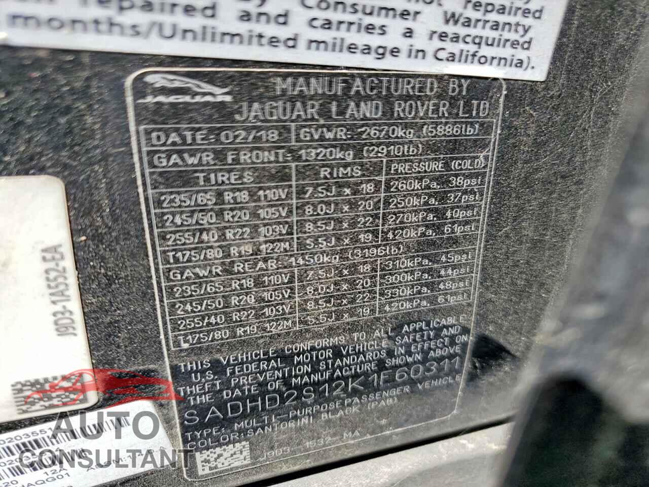 JAGUAR I-PACE 2019 - SADHD2S12K1F60311