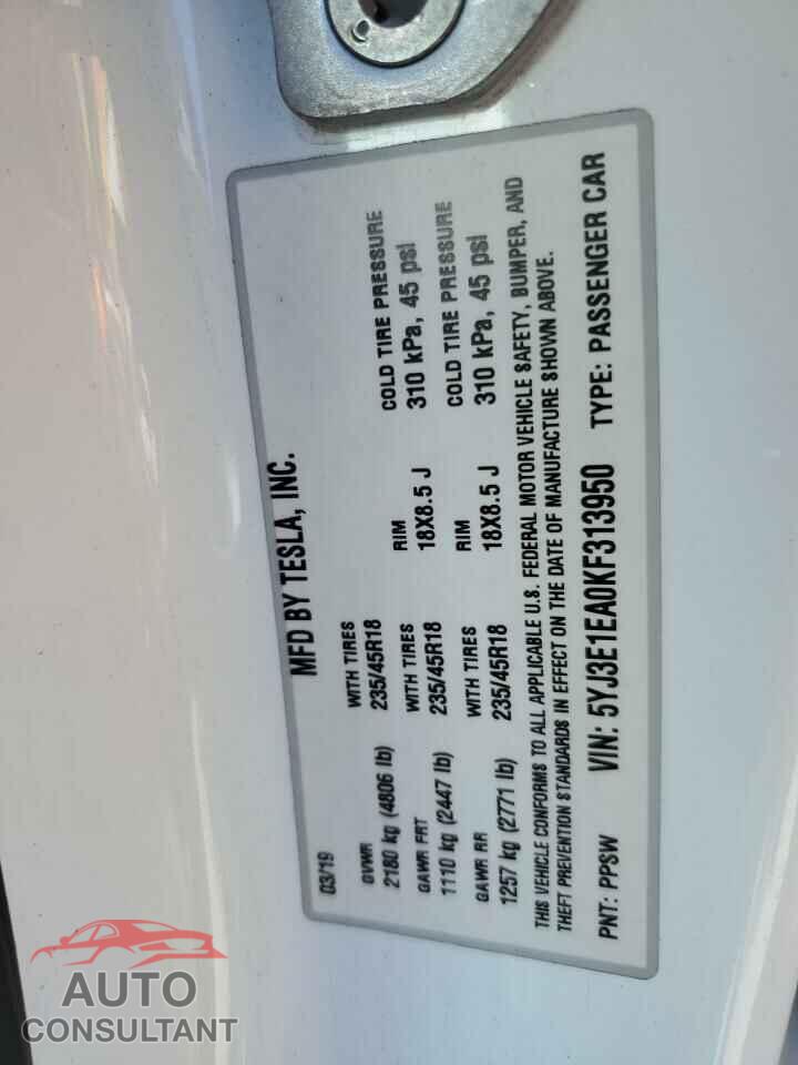 TESLA MODEL 3 2019 - 5YJ3E1EA0KF313950