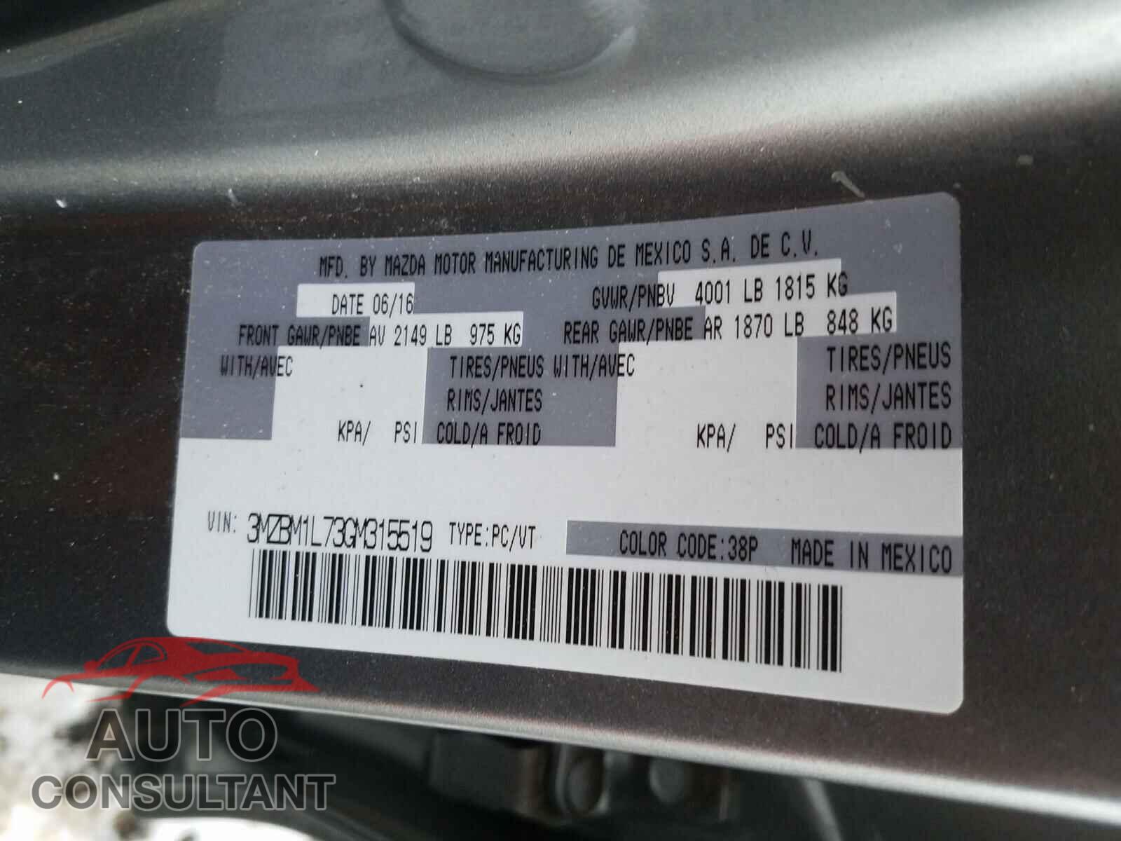 MAZDA 3 2016 - 3MZBM1L73GM315519