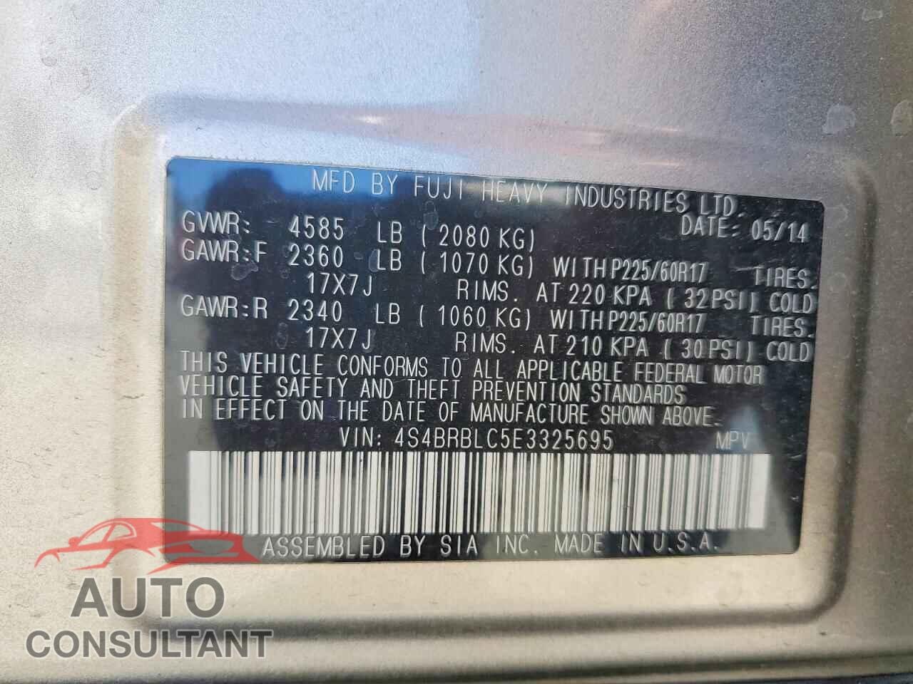SUBARU OUTBACK 2014 - 4S4BRBLC5E3325695