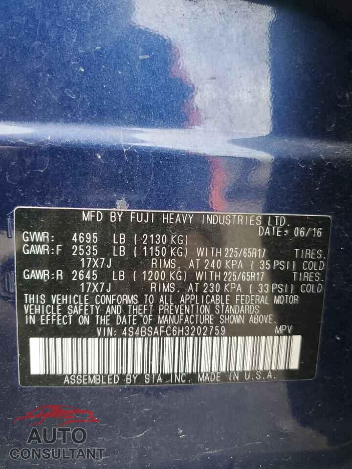 SUBARU OUTBACK 2017 - 4S4BSAFC6H3202759