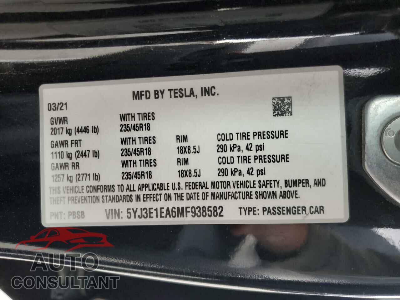 TESLA MODEL 3 2021 - 5YJ3E1EA6MF938582