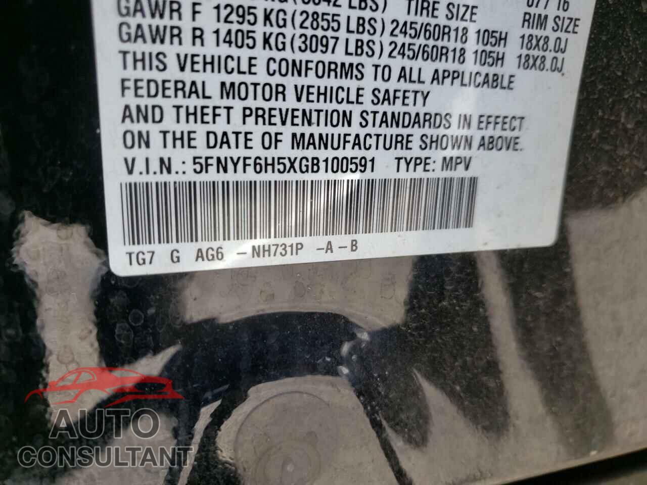 HONDA PILOT 2016 - 5FNYF6H5XGB100591