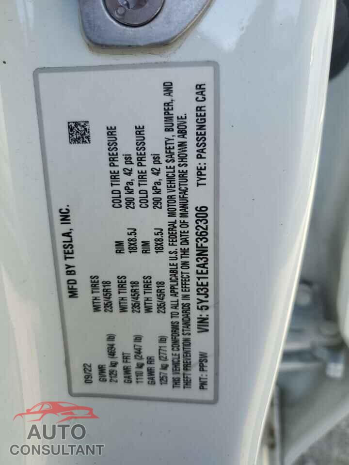 TESLA MODEL 3 2022 - 5YJ3E1EA3NF362306