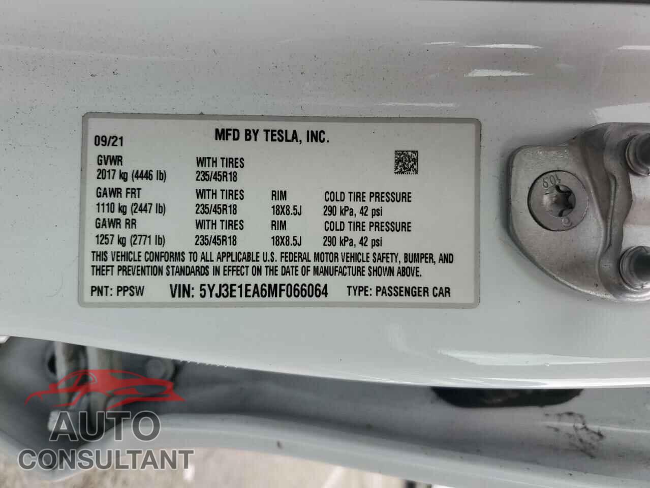 TESLA MODEL 3 2021 - 5YJ3E1EA6MF066064
