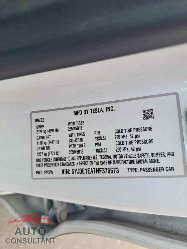 TESLA MODEL 3 2022 - 5YJ3E1EA7NF375673