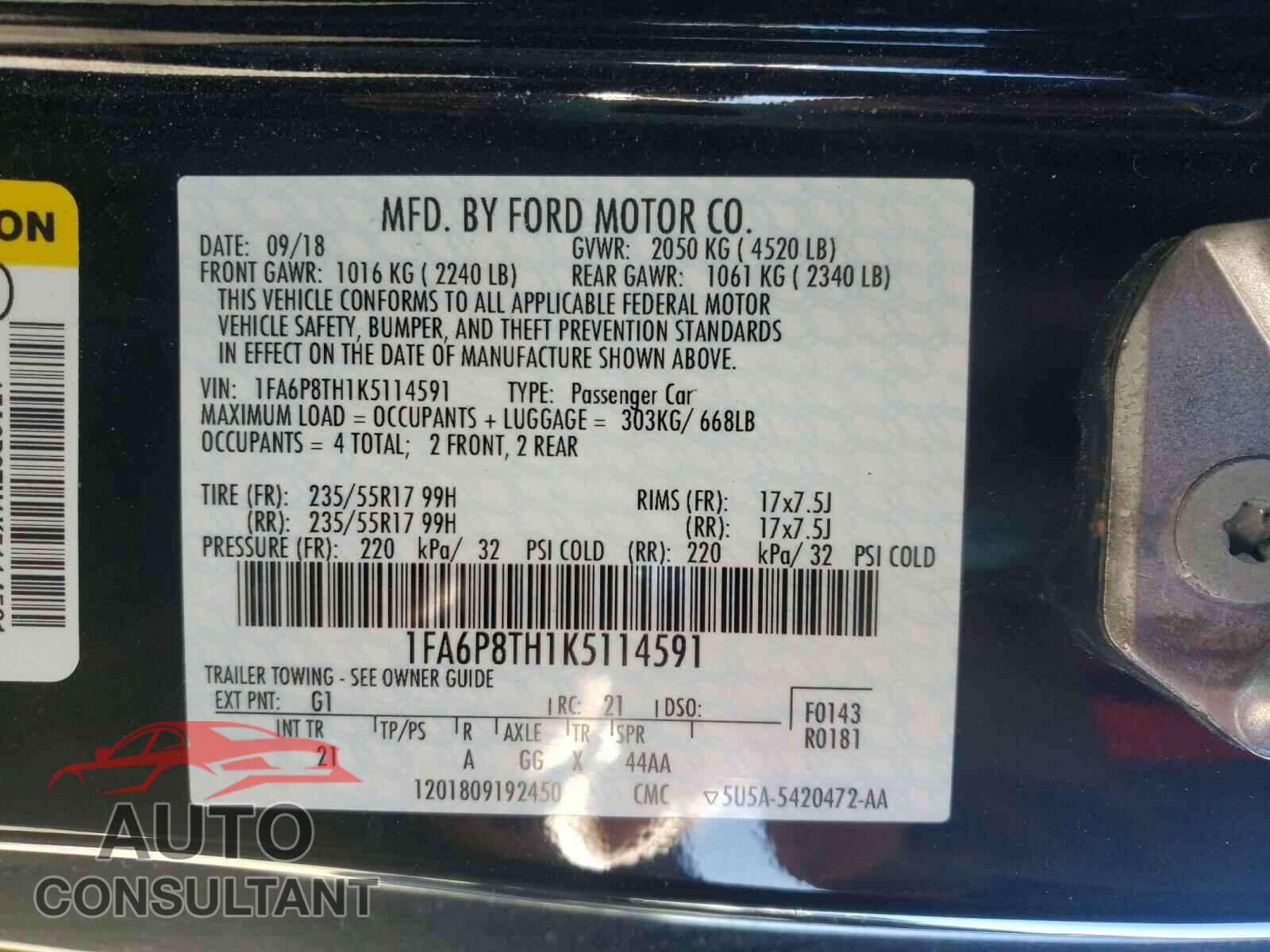 FORD MUSTANG 2019 - 1FA6P8TH1K5114591