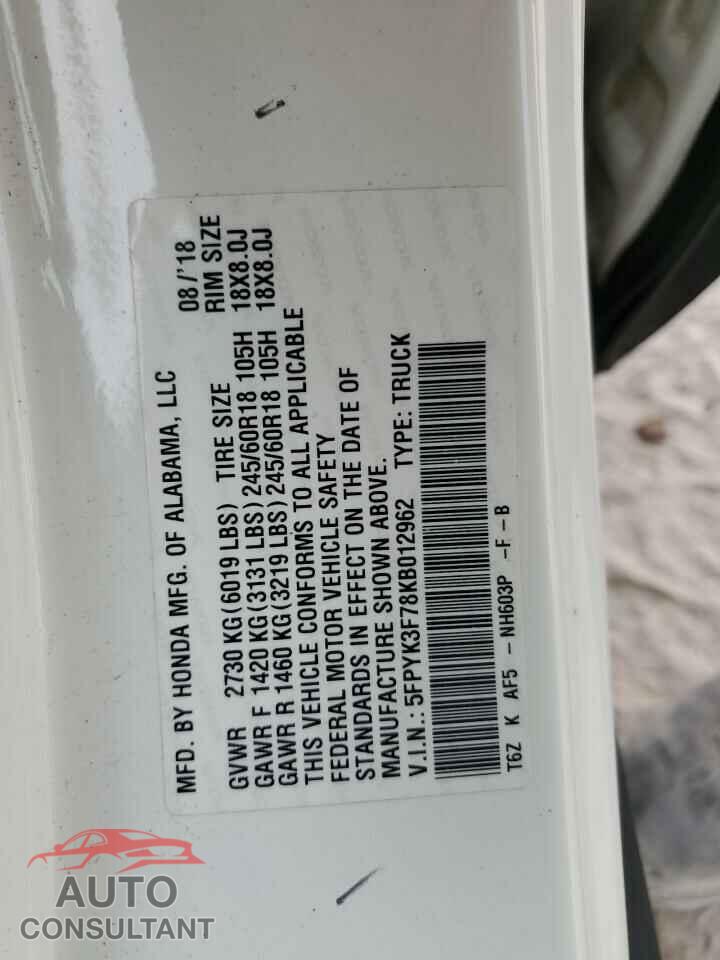HONDA RIDGELINE 2019 - 5FPYK3F78KB012962